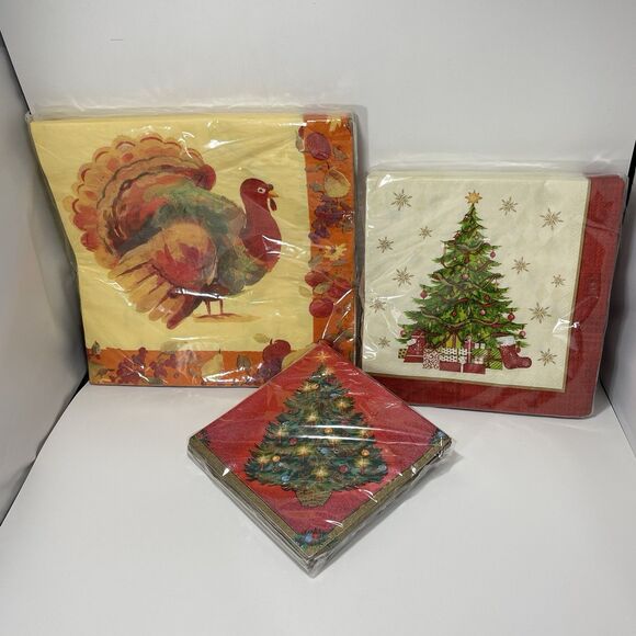 Lot of 3 Holiday Paper Napkins Packs Thanksgiving Turkey & Christmas Tree Rare - Picture 1 of 4